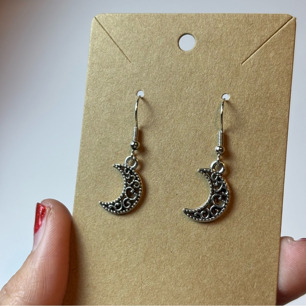 Handmade Simple Silver Moons with Swirls Dangle Earrings, Celestial Moon Earring - Picture 9 of 9